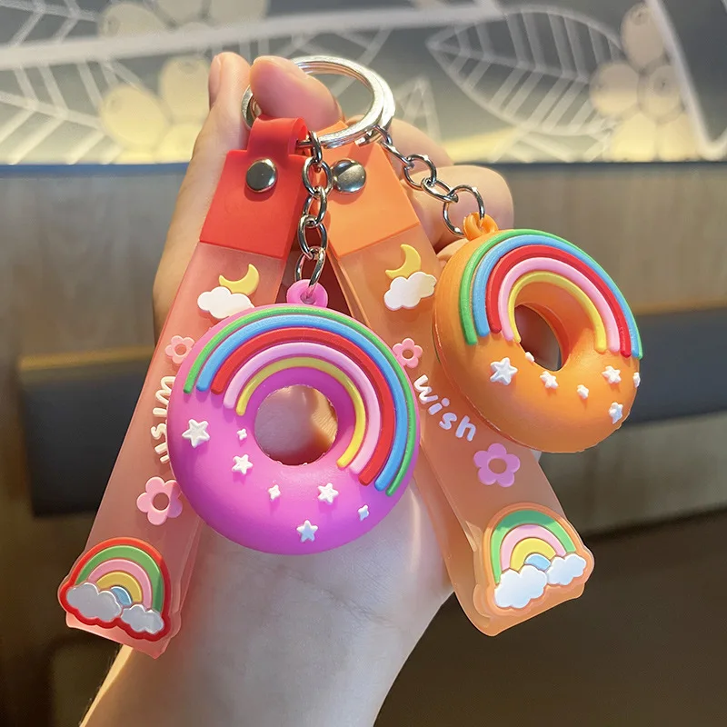 Cartoon Food 3D Silicone Sweet Donuts Keychain Cute Girl Bag Car Pendant charm donut keychain Rainbow Wristband Car Keyring