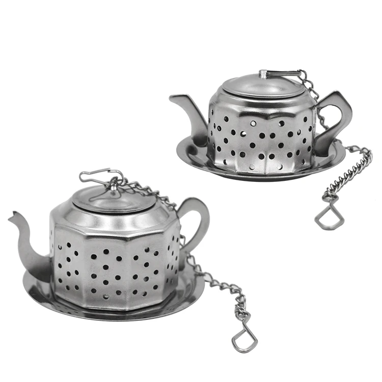 Food grade teapot shape stainless steel tea infuser with chain handle loose leaf mesh tea strainer