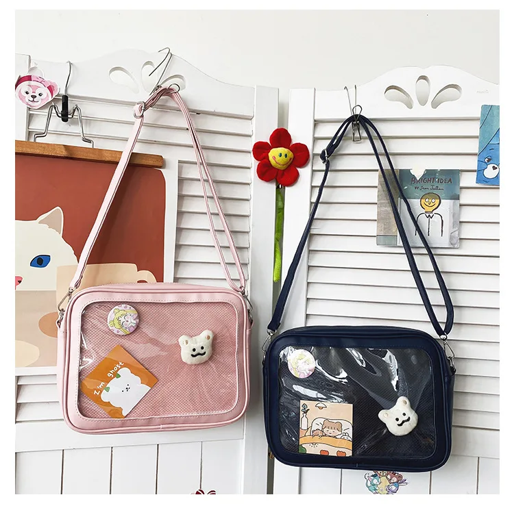 kwaii soft girl Messenger bag cute girl pu with insert shoulder transparent small square bag JK Baji pin ita bag