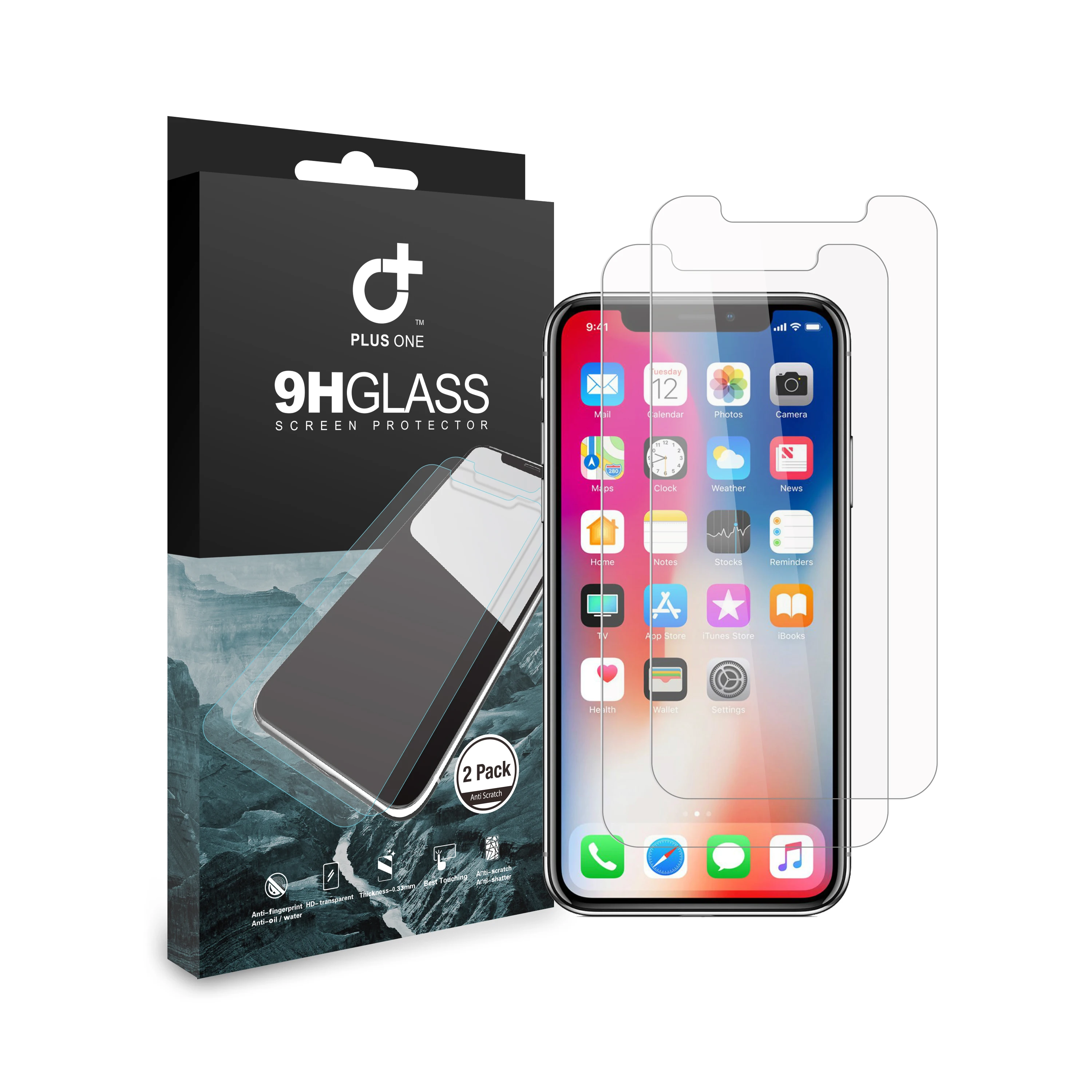 
Amazon Hot Selling 2 Pack 2.5D 9H Tempered Glass With PLUS ONE Logo Package For iPhone X XS 11Pro Screen Protector 
