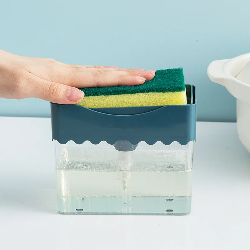 Kitchen Soap Dispenser Box Wash Sponge Holder Pump Sponge 2 in 1 Manual Press Liquid Soap Dispenser