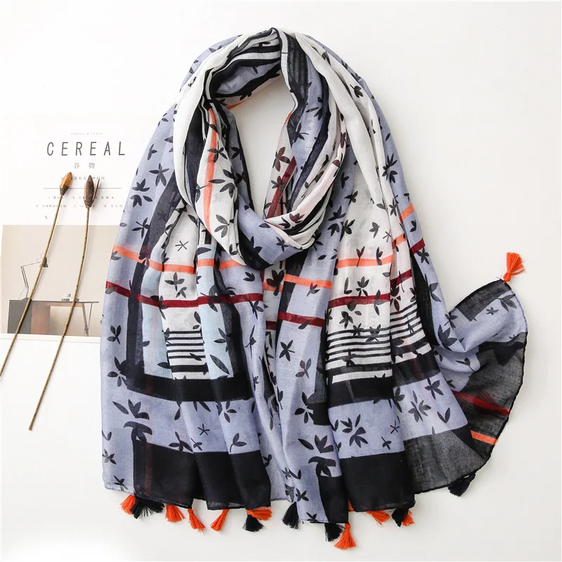 Small fresh plain flower stripe hit color cotton and linen hand-feel silk scarf handmade fringed Bali yarn ladies scarf
