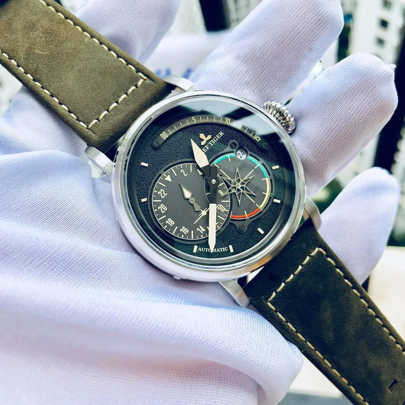 
Reef Tiger Steel Military Watches for Men Genuine Leather Strap Automatic Pilot Watch with Date RGA3019 