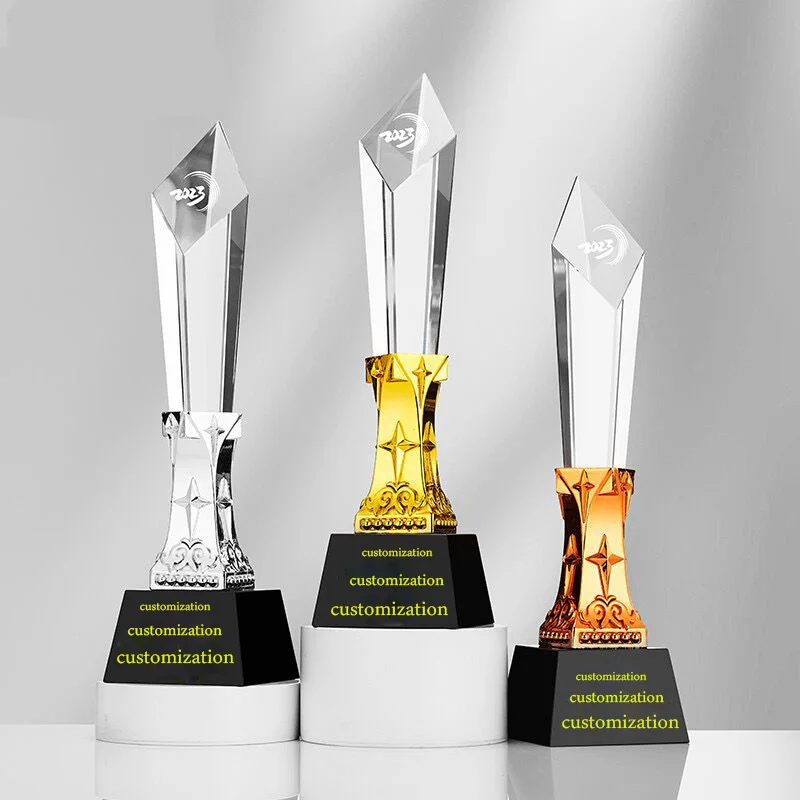 Souvenir Gift Custom Crystal Glass Trophy With Metal Star Glass Trophy Awards