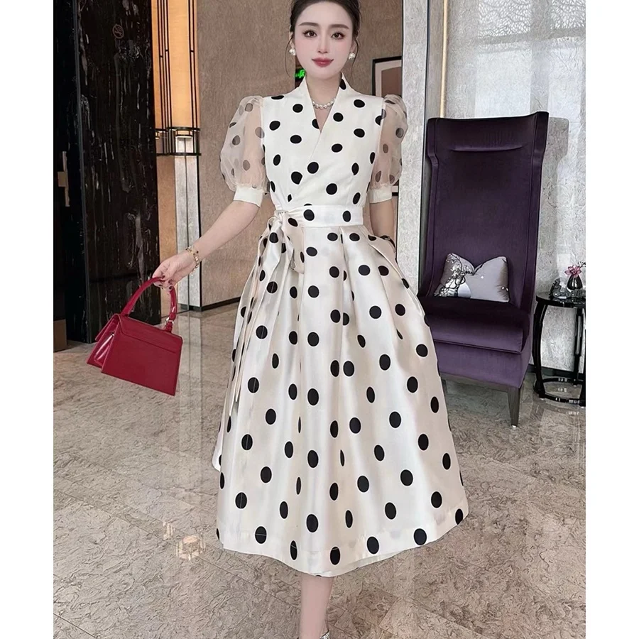 Party Dress 2024 New French Elegant Retro Polka Dot Print Waist Wrap Mid length Casual Dress