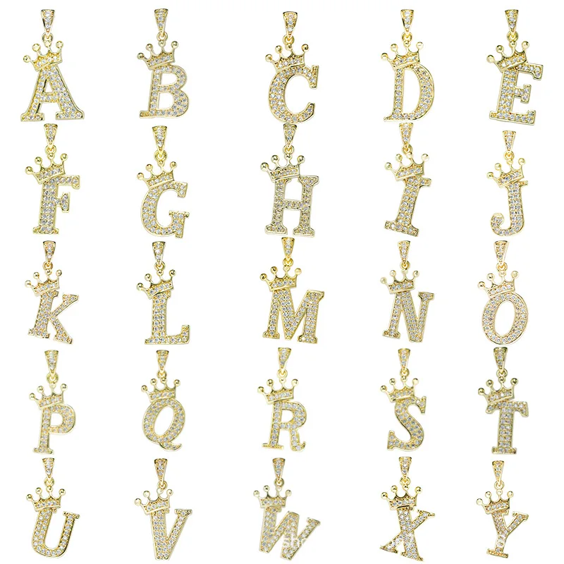 26 Capital Letters Fashion Crown Pendant Gold Plated Alloy Zircon Initial Pendent
