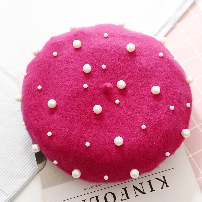14 colors Elegant Knitted Wool Beret Bonnet French Winter Warm Pearl Berets Caps For Women Beading Ski Boina Painter Gorras