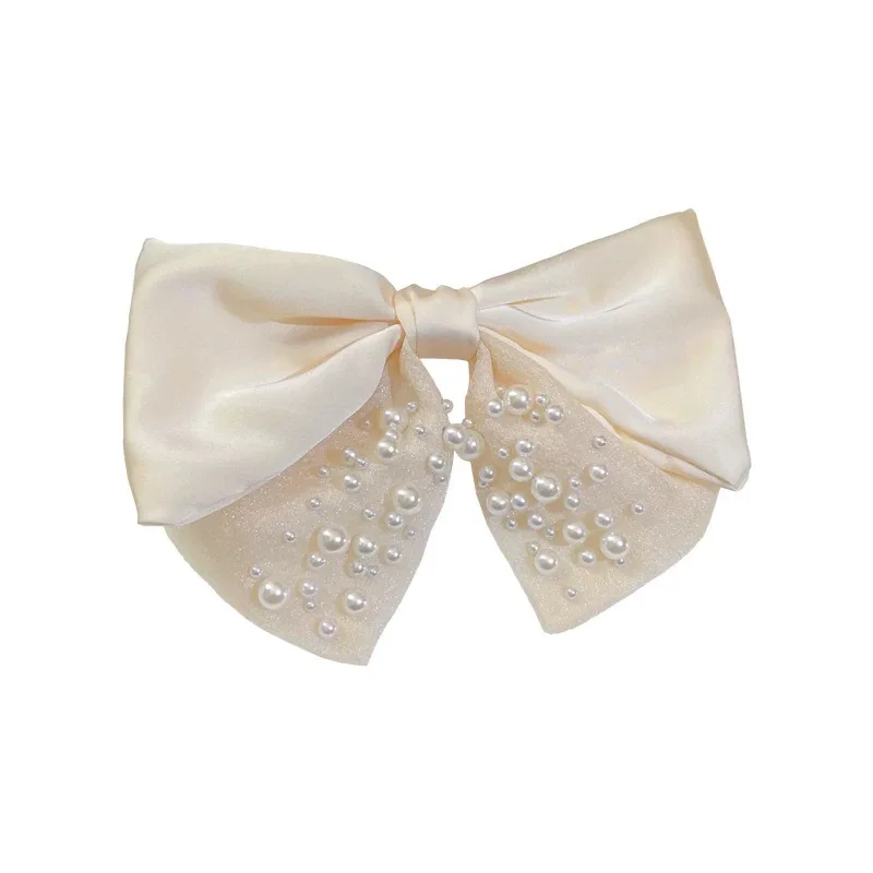 Mori Pearl Hair Clip Women Simple Elegant Bow Top Hair Accessories Fabric Ribbon Sweet Super Fairy Style Spring Metal Plastic