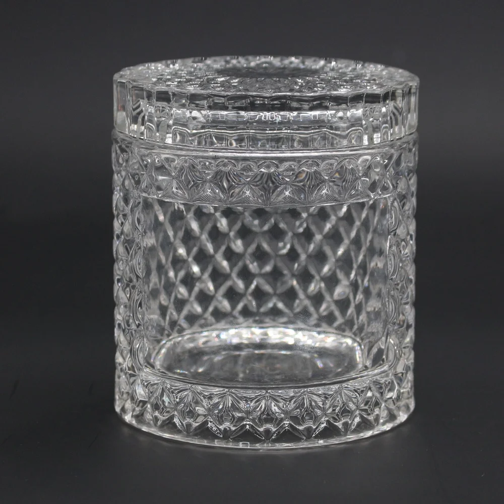 FengJun empty unique geo diamond customized Color embossed glass candle/candy jars with glass lid decorative candle holder