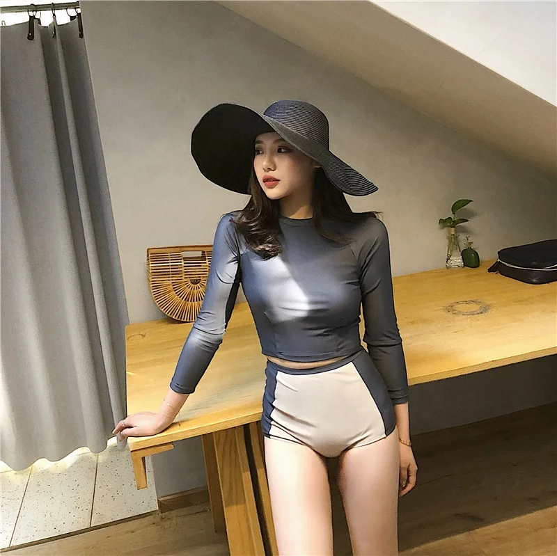 Korea new hot spring contrast color diving suit long-sleeved high waist cover belly slimming split swimming suit