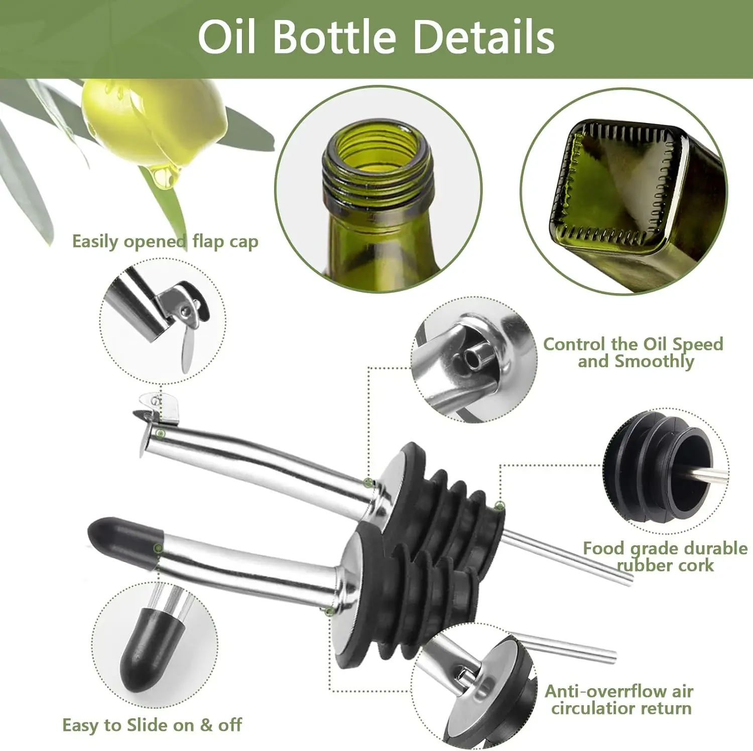 YOLOWE HOME 17 oz/500 ml Green Glass Cruet Bottle Square Tall Cover Storage Jar with Cute Design Oil and Vinegar Dispenser