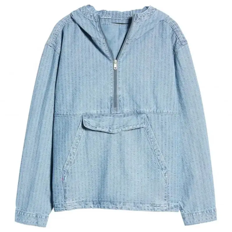 DOVEN OEM Manufacturer Custom Logo Cotton Cargo Vintage Faded Denim Anorak Half Zipper Placket Mens Windbreaker Jacket Hoodie