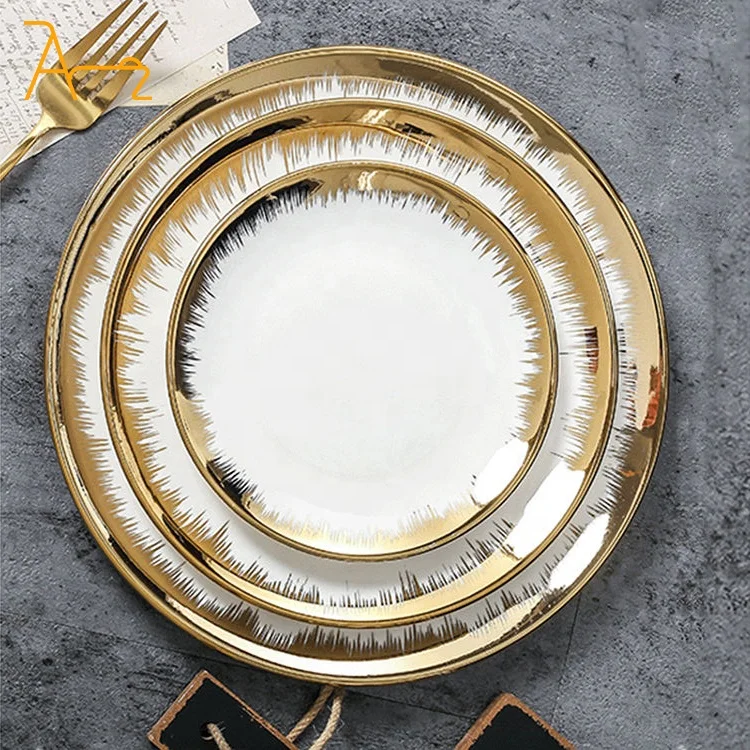 Factory OEM Custom Creative Gold Rim Round Ceramic Porcelain Tableware Pizza Serving Pan Flat Dinner Plate For Wedding Hotel