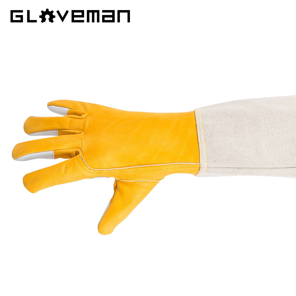GLOVEMAN Thick Goatskin Cow Leather Canvas Long Sleeves Elastic Cuffs Beekeeper Protected Gloves for Beekeepers Hand Protection