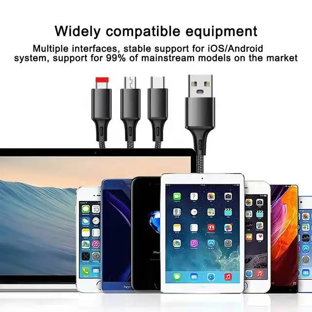 1.2M braided 3 In 1 Multiple Micro Type C usb data cable charging cable mobile phone car charging cable
