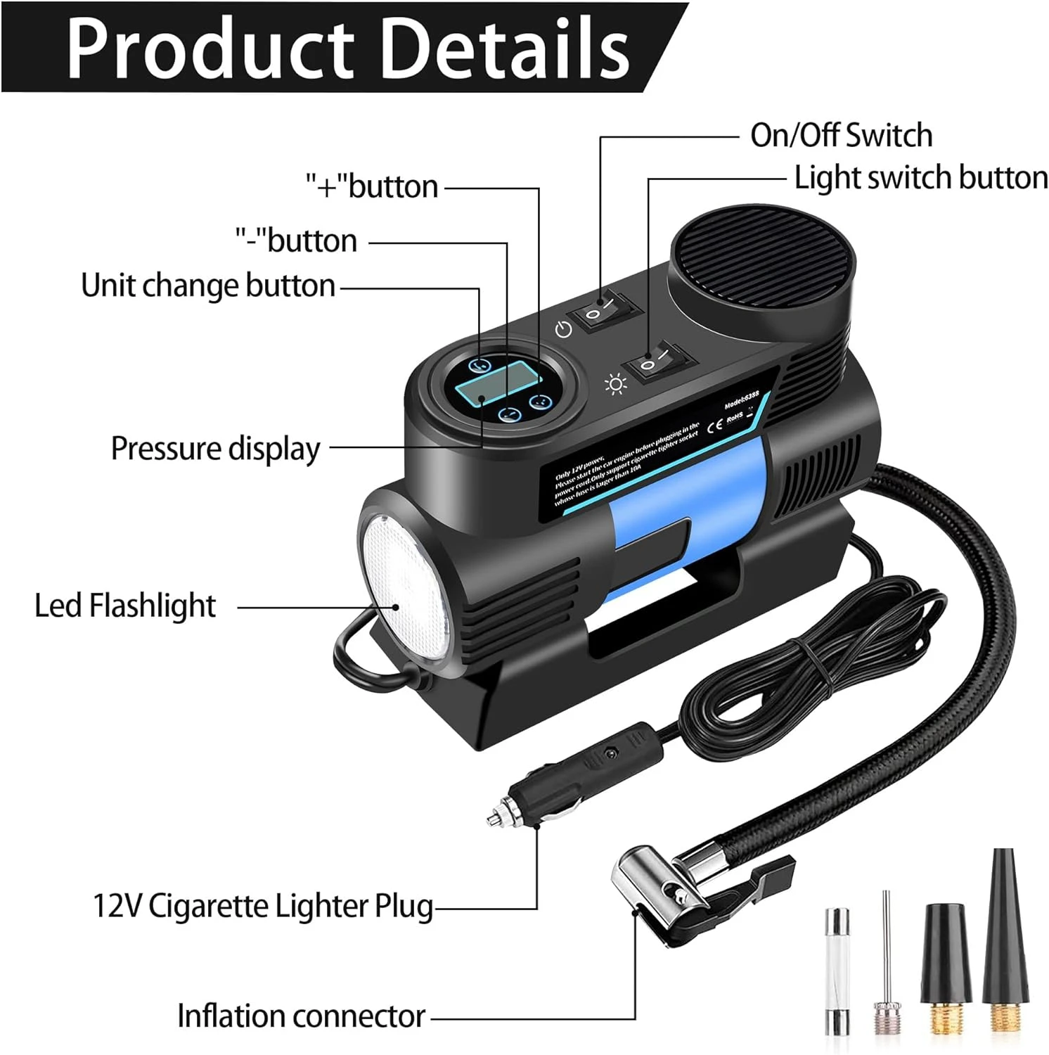 Auto-Shut Off 150PSI 12V DC Portable Air Compressor Tire Inflator with Digital Pressure Gauge for Car Tires Motorcycle Bike