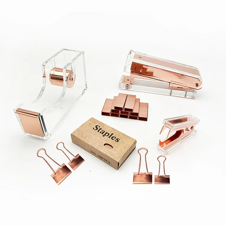 Acrylic Stationery Set Rose Gold Stapler Ball Pen Holder Stationery Gift Set Eco Friendly Stationery Set