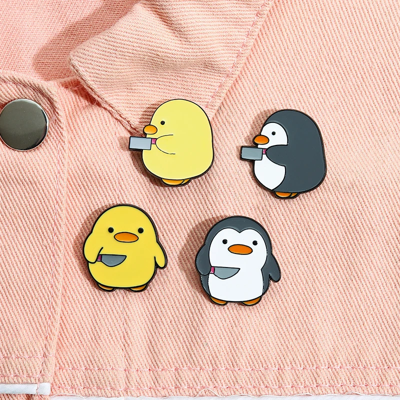 Little penguin dagger knife brooches custom design cartoon funny metal lapel pin cute animal enamel badge