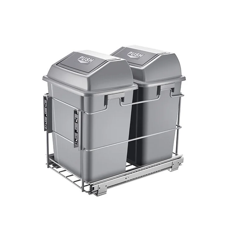 built in Kitchen Cabinet Pull out Waste Bin connected with door in Cabinet Trash Can with Dual Bucket for Garbage Classification