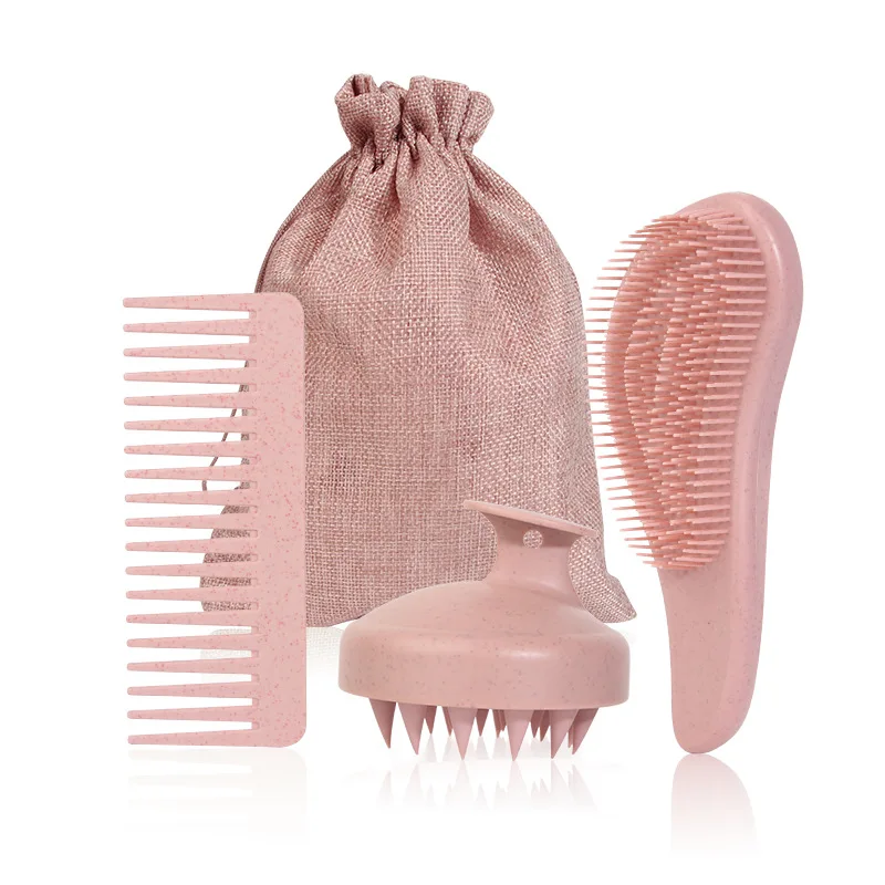 Private Logo Wheat Straw Detangling Brush Set Detangler Hair Brush with Wheat Straw Shampoo Brush Scalp Massager with Bag Pack