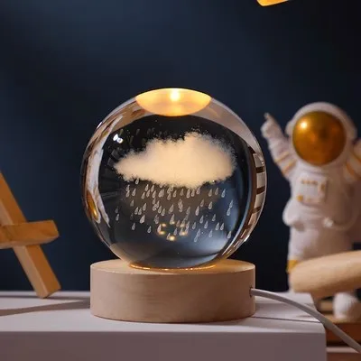 Wholesale 3D  Crystal Ball Wooden Base LED light Birthday Gift Nightlight Crystal Ball With Pattern  Illusion Lamp wood led base