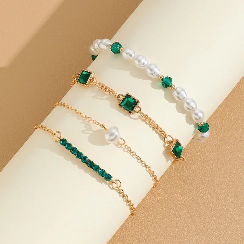 4Pcs/set Elegant Imitation Pearl Beaded Bracelets Women Noble Green Simulation Crystal Bracelet Femme Jewelry Party Gift