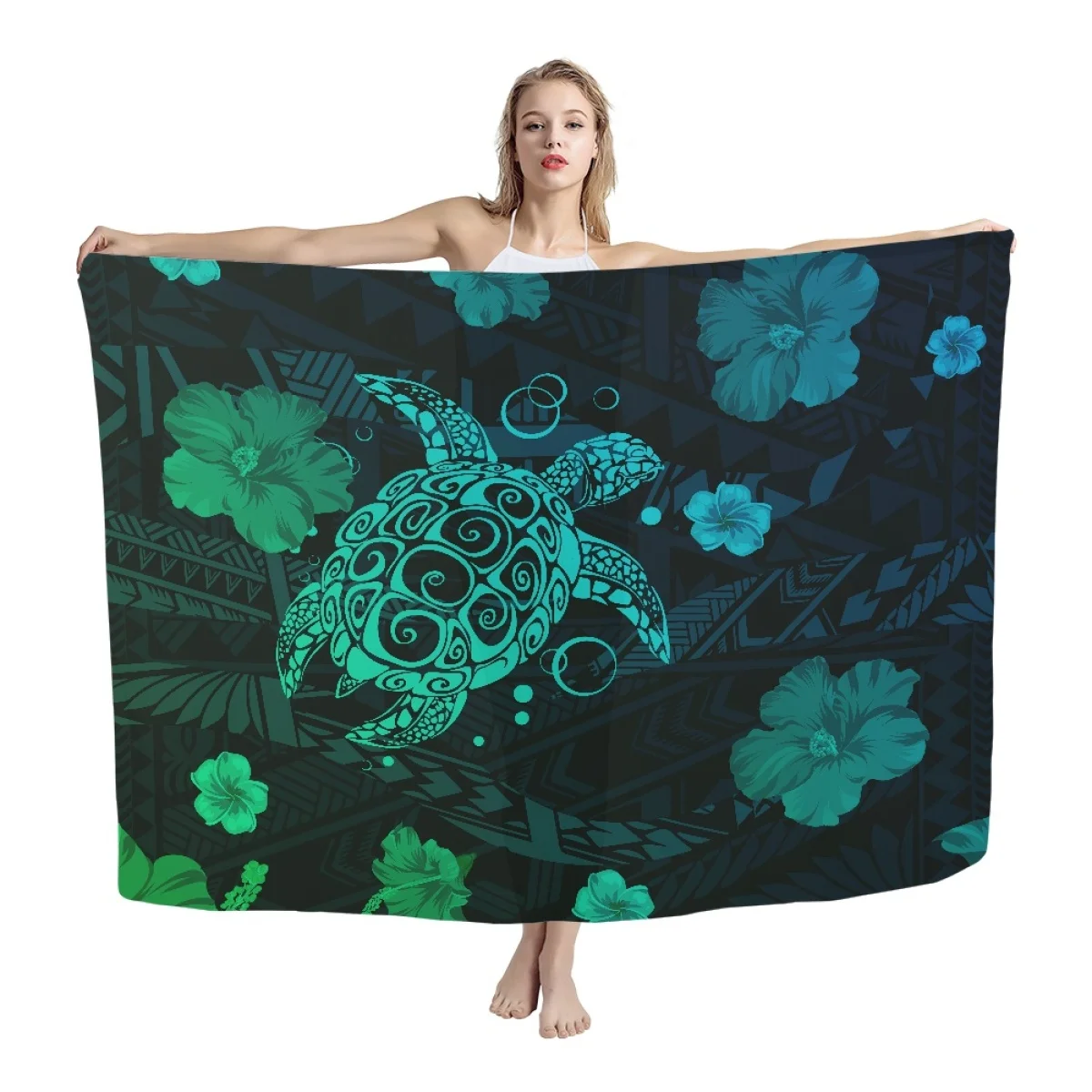Polynesian Tribal Wave Chiffon Towel Custom Sea Turtle With Hibiscus Flower Beach Shawl Lauhala Sarong Cover-up for Bikini