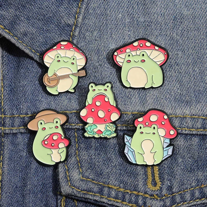 Cute Animal Frog Lapel Pin Mushroom Frog Cartoon Enamel Pins for Backpack Clothes Jewelry-Offset & Silk Screen Printing Gift