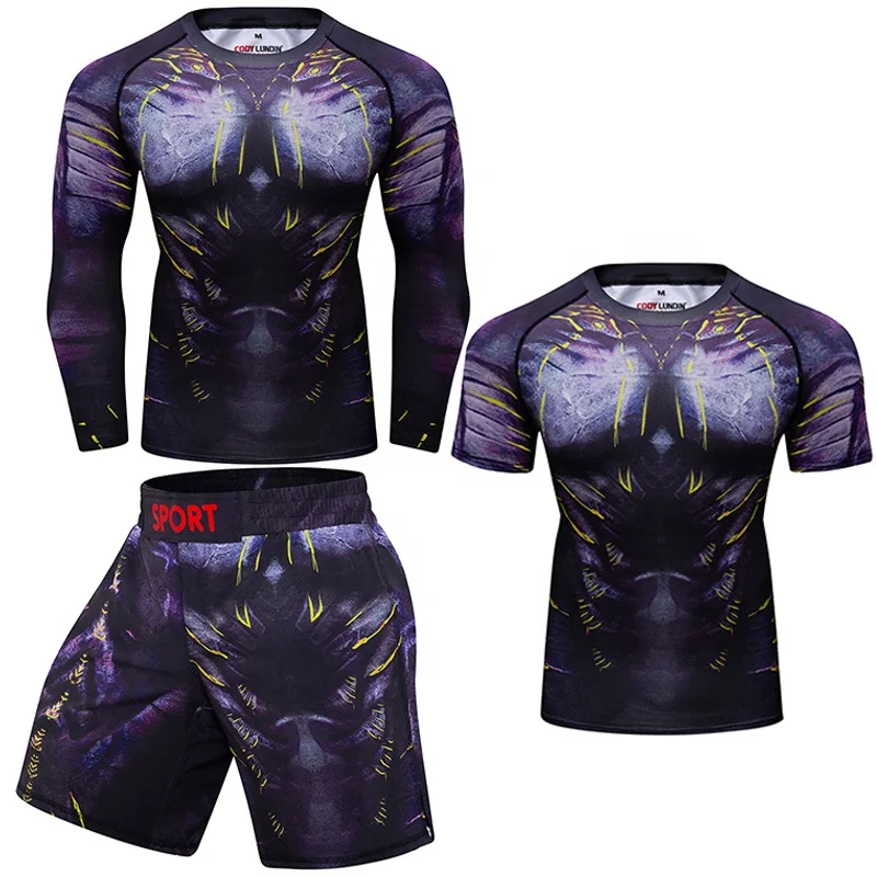 Custom Printed Designs Men Sports Suit MMA Rashguard Quick Dry Sportswear Compression Clothing Fitness Muay Thai Shorts kit
