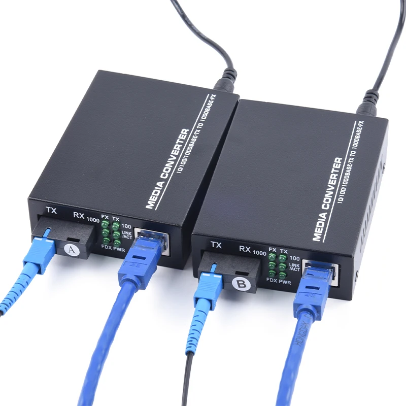 Gigabit Fiber Optical Media Converter 10/100/1000Mbps Single Mode 20Km UPC/APC SC-Port External Power Supply