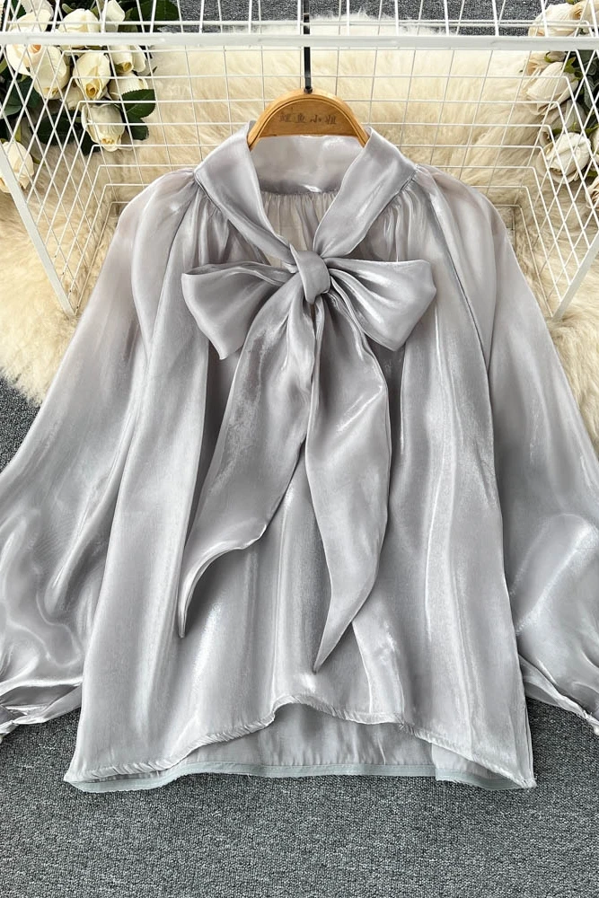 Summer Full Sleeve O-Neck Shirts Women Solid Bow Casual Blouse Ladies Elegant Clothing Clothes Women Wholesale