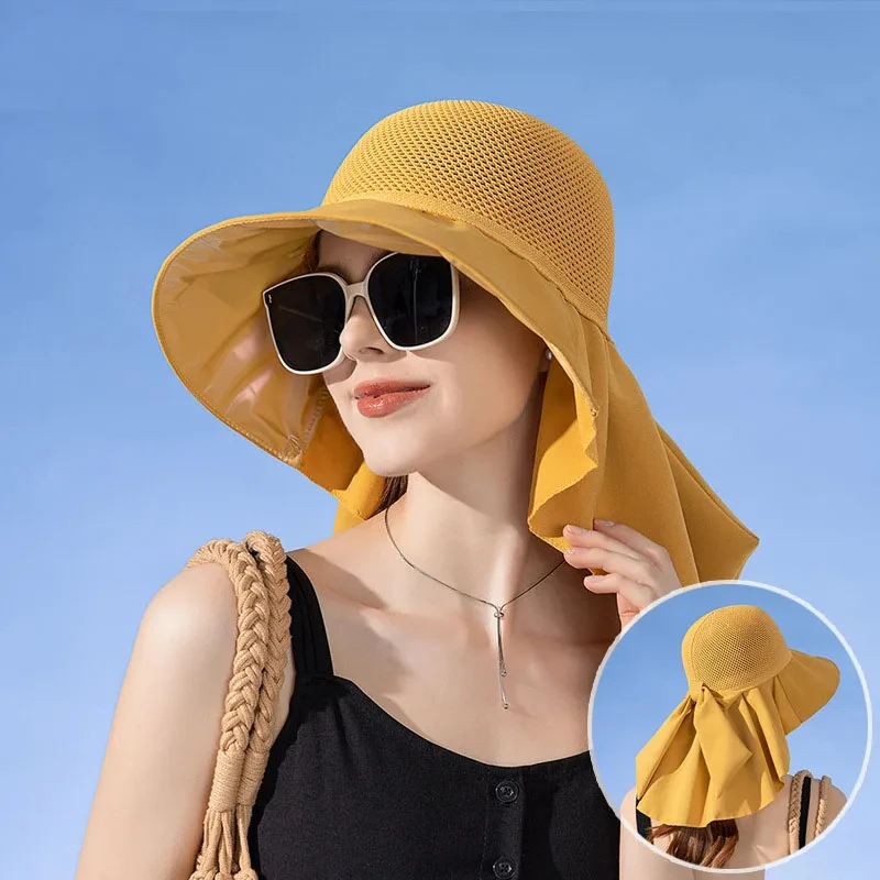 2024 New Knitted Hollow Out  Mesh Women Bucket HAT With Neck Flap Wide Brim UV Protection
