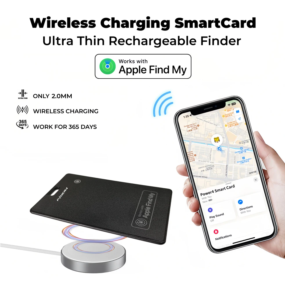 Power4 Ultra Thin Find My Certified Smart Card Wireless Charging Locator Rechargeable Bluetooth Anti Lost Tracker Item Finder