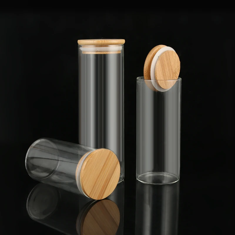 Factory Custom Tube Shaped Glass Bulk Food Containers Glass Spice Jar Cork Lid Borosilicate Glass Storage Jar With Bamboo Lid