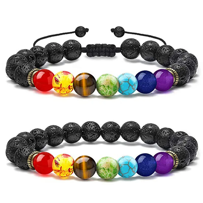 Men Handmade Yoga Chakra Bracelet 8mm 7 Chakra Bead Natural Volcanic Stone Bracelet