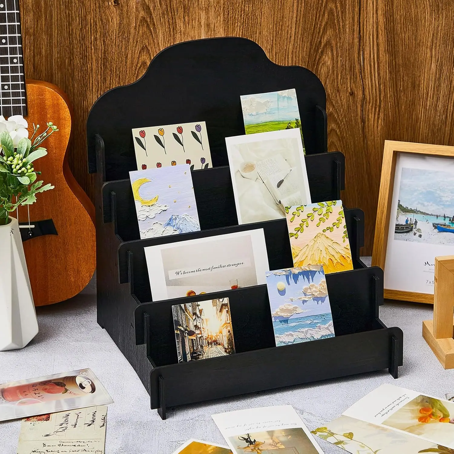 202411 4 Tier Greeting Card Display Stand Wooden Sticker Display Stand Portable Card Display Rack