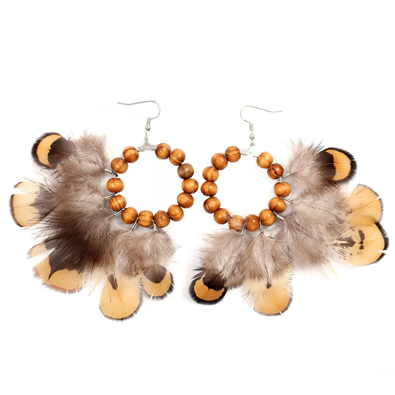 
Vintage Wooden Bead Feather Earrings Bohemian Handmade Creative Personality Exaggerated Earrings Europe America Popular Jewelry 