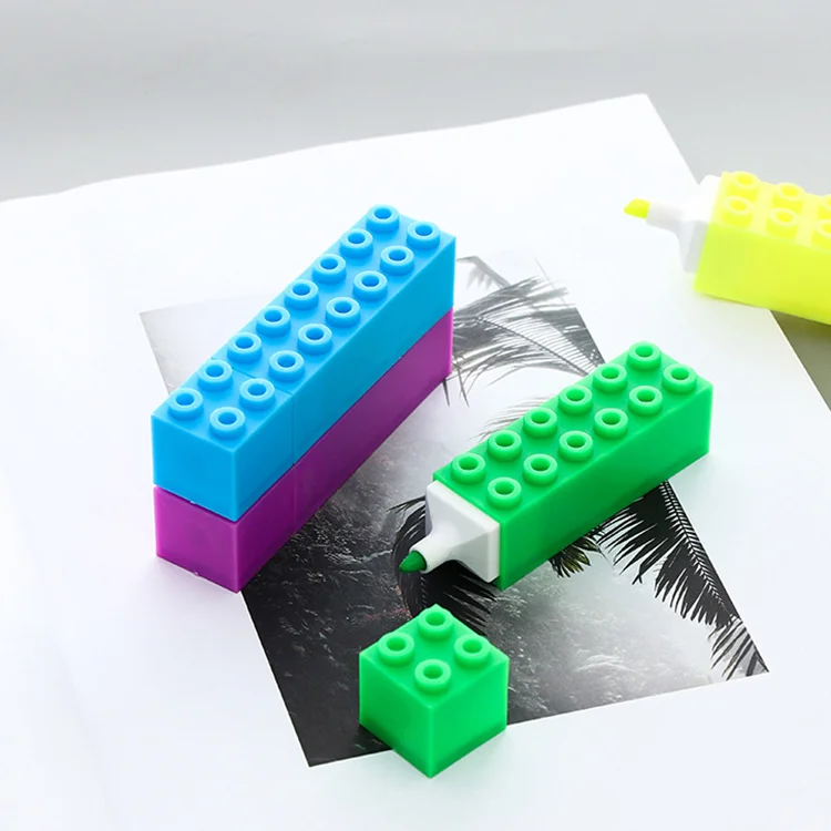 Promotional Multi Color Creative Toy Building Block Shape Highlighter Marker Pens for Kids