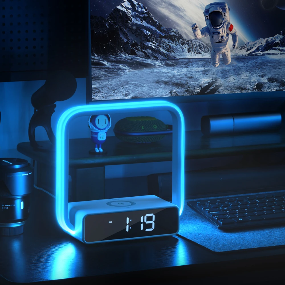 Game style touch mood Light rgb atmosphere smart desk alarm clock wireless charger portable led night stand bedside table lamp