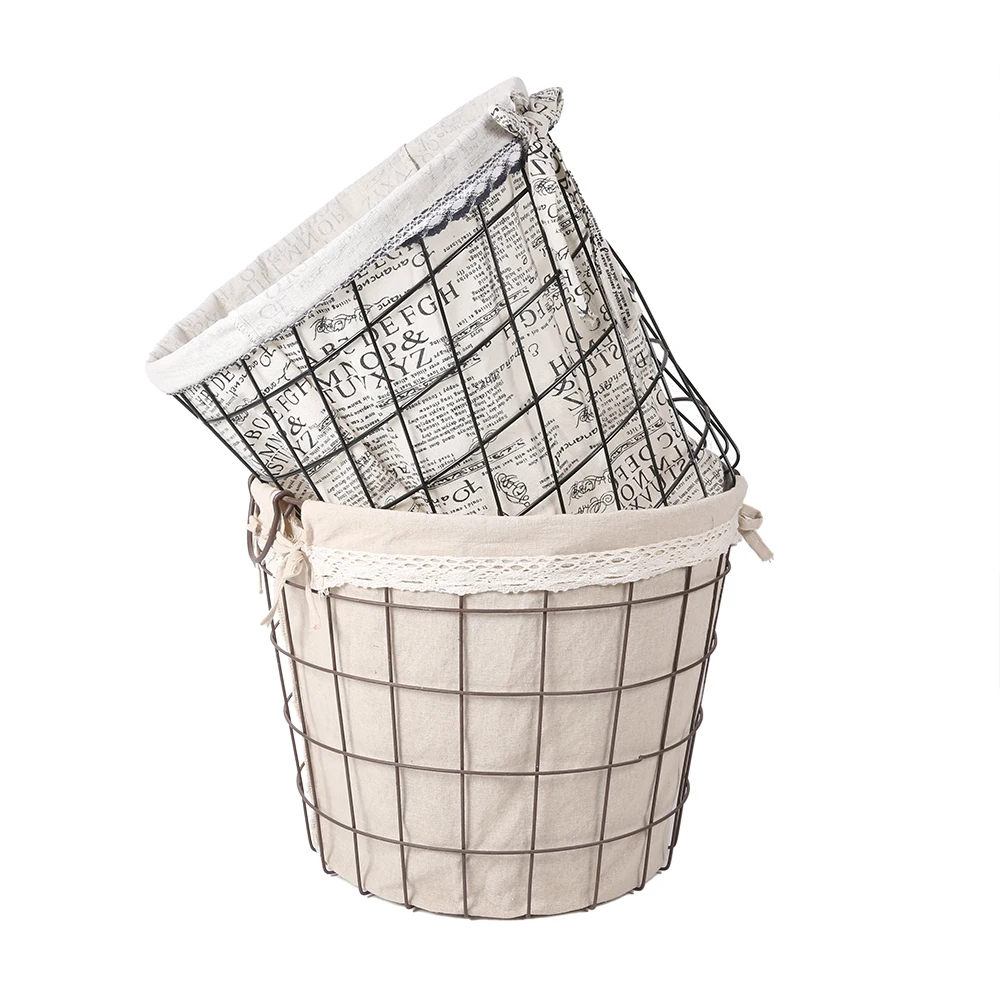 Metal Wire high quality material with  cotton lining  Laundry Basket  iron storage basket white canvas natural storage basket