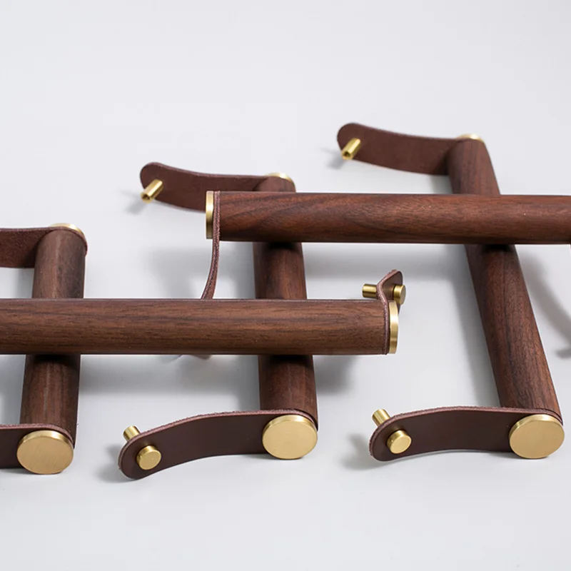 Original design walnut brass small pull hand Nordic light luxury high-end clothes cabinet door drawer furniture cowhide handle