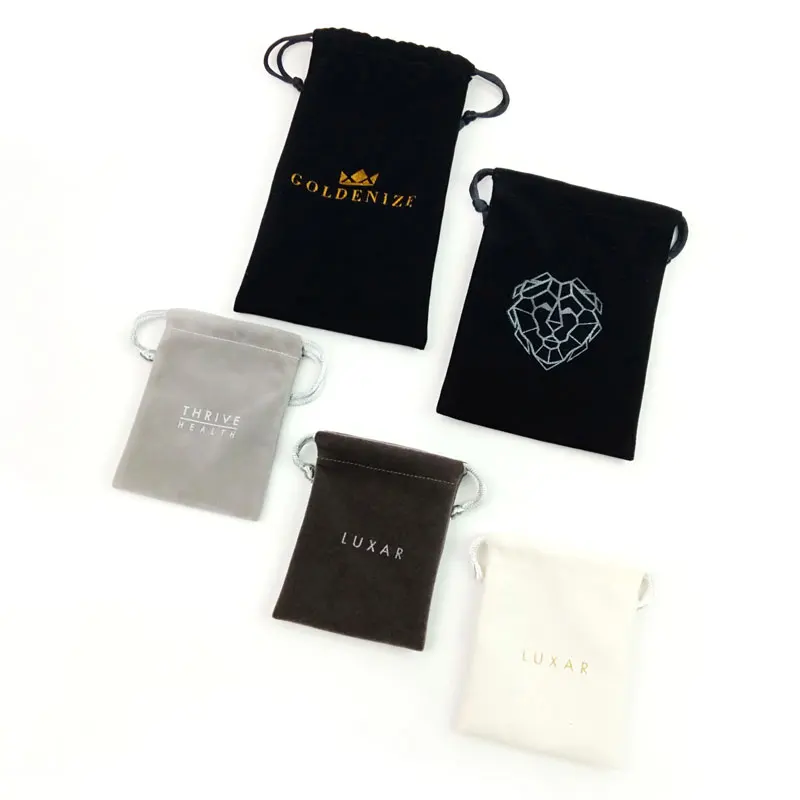 customized logo gold stamping hot foil drawstring bags velvet jewelry pouch