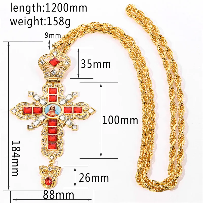 Religious Jesus Byzantine Cross Pendant Necklace Gold Plated Russian Big Heavy Orthodox Catholic Cross Necklace with Box