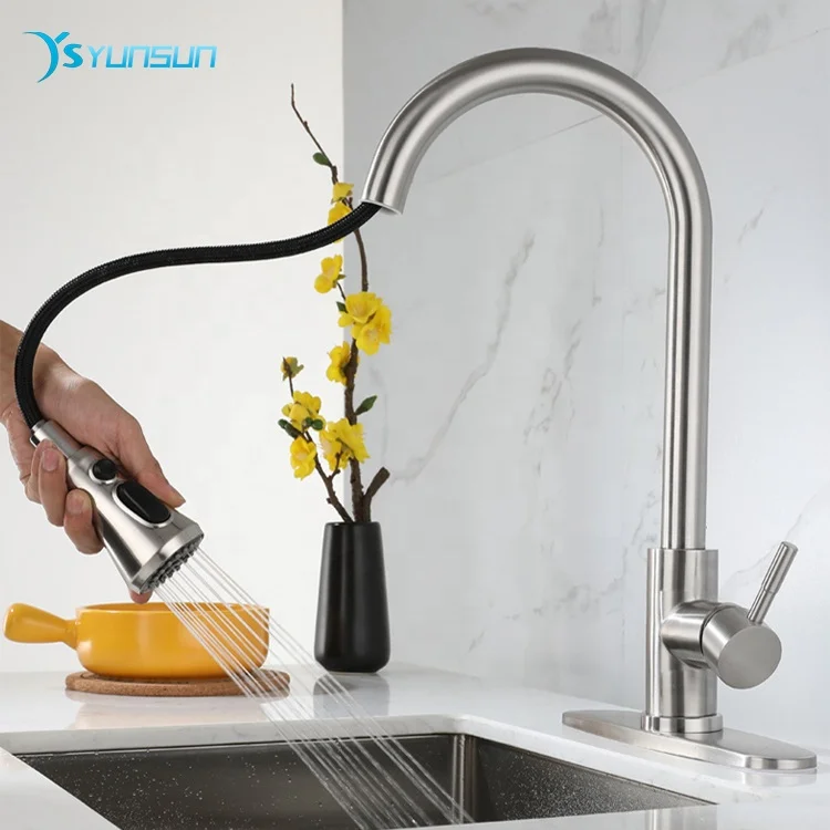 high quality 304 stainless flexible hose pull down kitchen mixer tap faucet with decorative cover