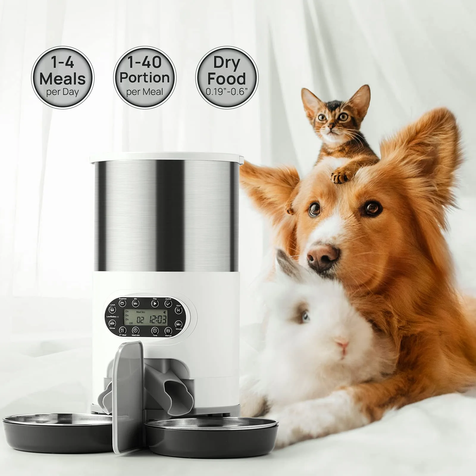 Stainless steel pet feeder, pet timed automatic feeder, 4.5L large capacity pet dog double plate feeder