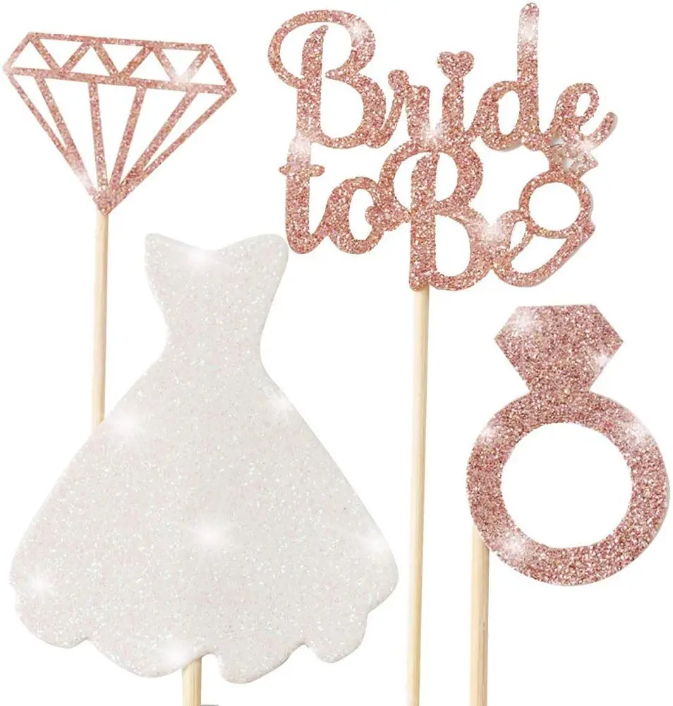 Wholesale Glitter Rose Gold Diamond Ring Wedding Dress Cupcake Toppers Bride To Be  for Engagement Wedding Bachelorette Party