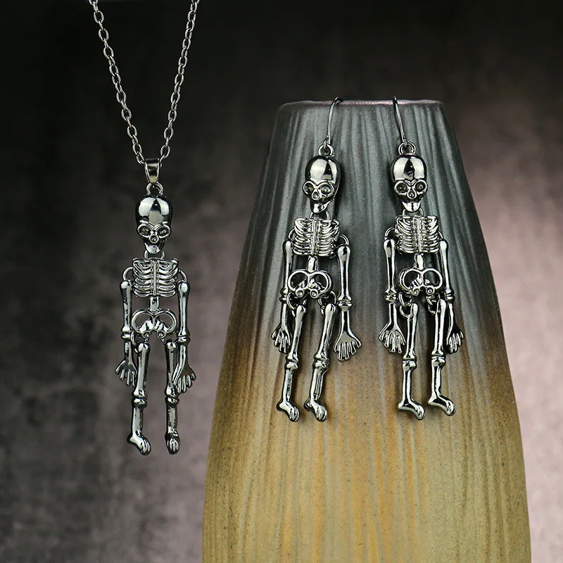Dark Retro Style Halloween Jewelry Sets For Women Girls Vintage Hip Hop Metal Alloy Skull Skeleton Ghost Necklace Earring Set