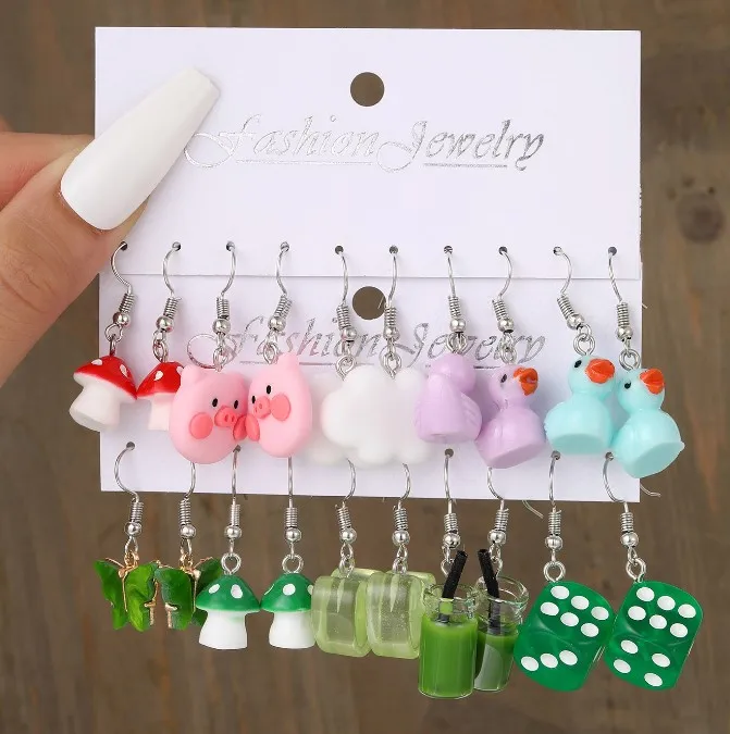 New Cartoon Cute Butterfly White Cloud Candy Duck Cow Mushroom Colorful Girls Jewelry Earrings Pendant Set