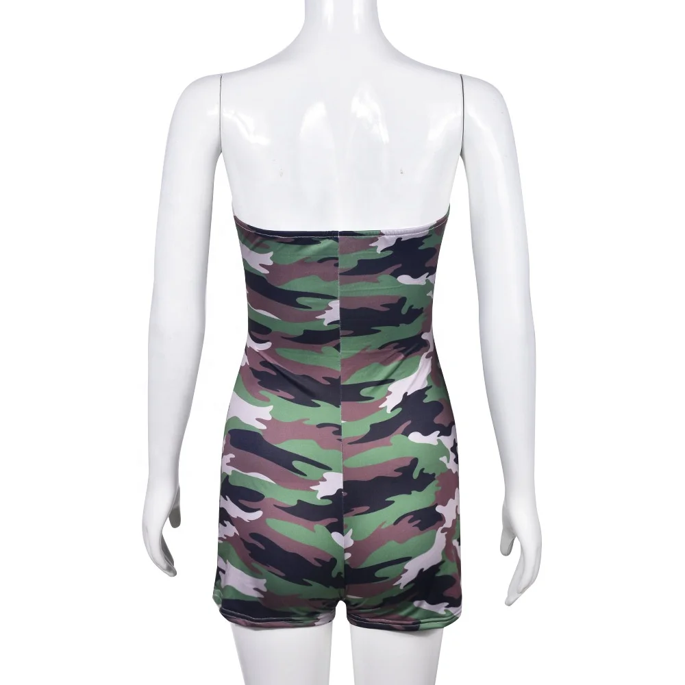 OUDINA Stylish Summer Hot Style Backless Bodysuit Hollow Print Women Bodycon Camouflage Jumpsuit