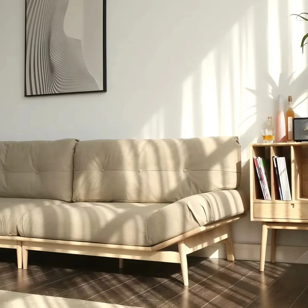 Solid Wood Elephant Ear Fabric Beancurd Block Ash Sofa Set for Hotel Small Japanese Apartment Hospital Inspired Log Living Room